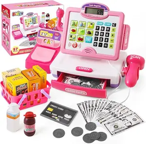 Pretend Play Calculator Cash Register - 57 Pcs Pink Grocery Store Playset,Inc Microphone, Credit Card, Scanner, Fake Food, Play Money for Kids Above 3