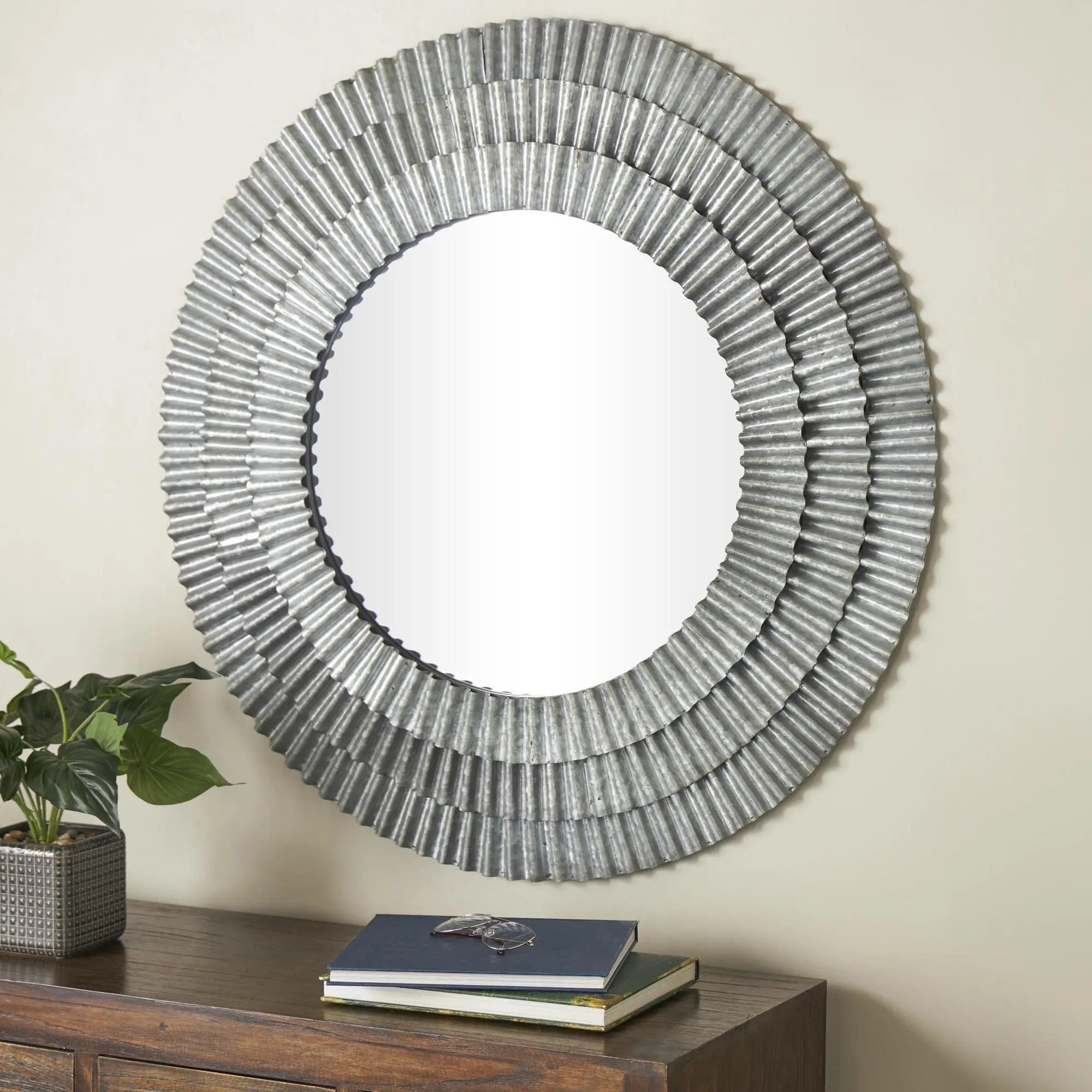 Reflective Round Large-Size Rustic Farmhouse Metal Ribbed Frame Wall Mirror, Galvanized Iron Build with MDF Backing, 36.70l x 1.70w x 36.70h Inches for Home Entryway Decor