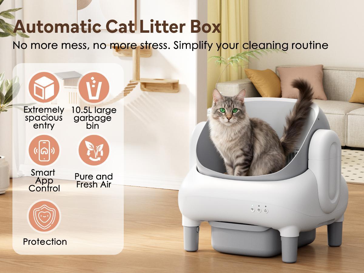 FUMOI Self-Cleaning Cat Litter Box for Multi-Cat Families, Open-Top Automatic Litter Box with APP Control & 2.4G WiFi, Smart Safety Sensors, Odor Lock Technology & 10.5L Large Waste Drawer