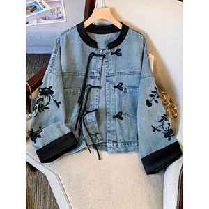 New Spring and Autumn Style Chinese Knot Denim Jacket, Women's Loose Fashion Design Embroidery Retro Popular Top Casual Jacket Fabric Womenswear
