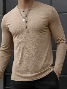 Men's Summer Round Neck Button Long Sleeve Casual Shirt, Slim Fit Lightweight Breathable Top, Classic Vintage American Style Vibe, Perfect for Warm Weather