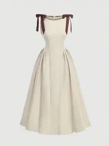 Crew Neck Sleeveless Contrast Trim Bow Decor Waist Flare Hem Khaki Casual Dress