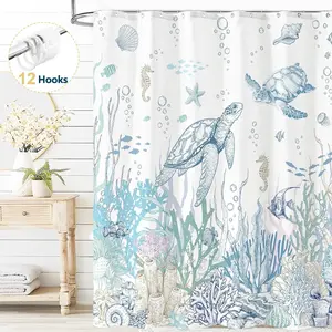 Nautical Coastal Shower Curtain with Hooks, Blue Turtle Fabric Bathroom Curtain, 72" x 72"