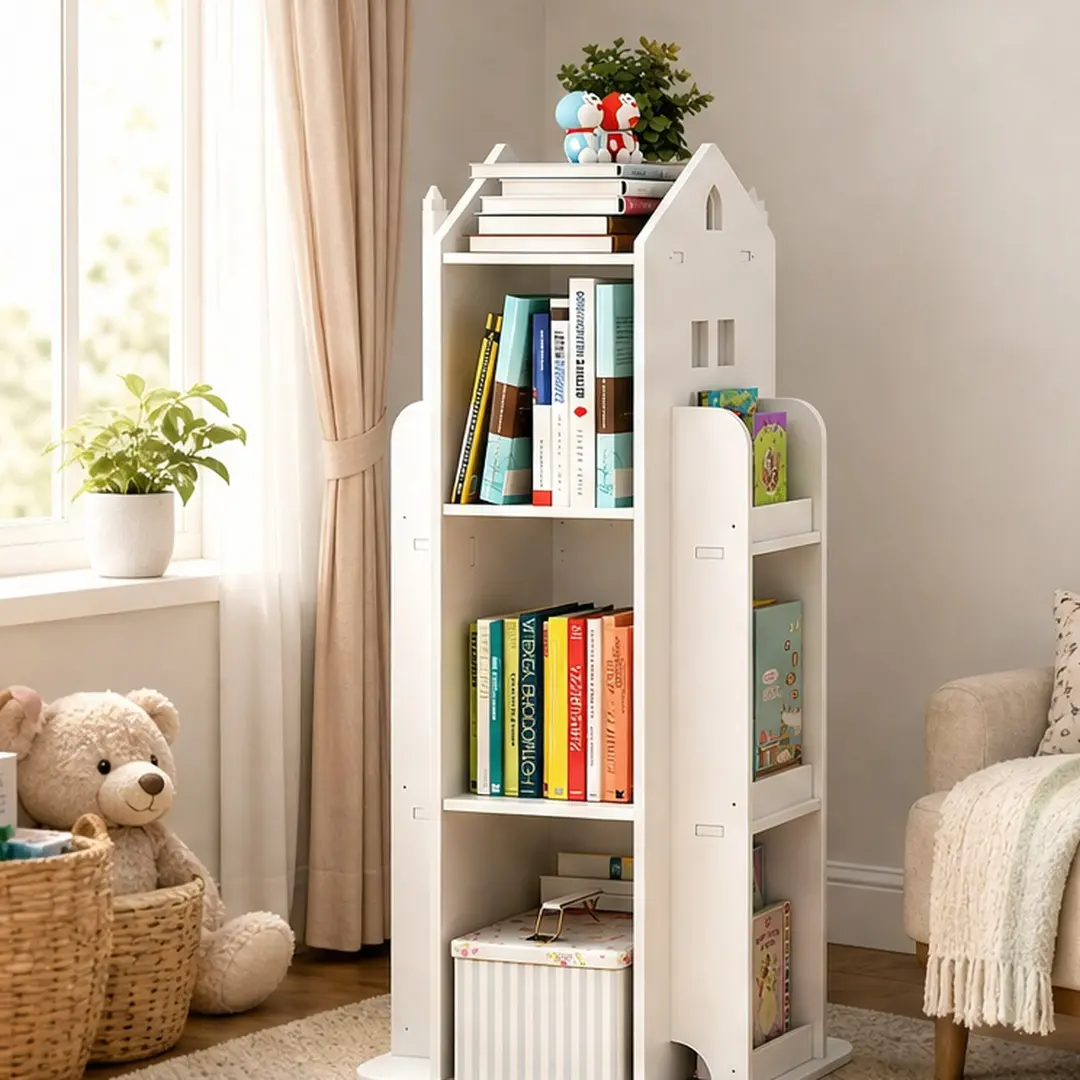 Kids' Unpainted PVC Wood-Plastic Nursery Bookshelf with 360° Swivel Base, 4-Tier 360° Easy Access, 8+ Compartments, Wobble-Free Mortise Build, Safe Wipeclean, Easy Assembly, White, 15.7"W x15.7"D x37.4"H, for Bedroom