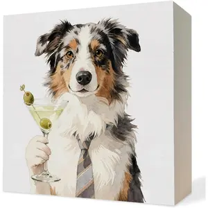 Funny Australian Shepherd Martini Lover Gifts Wooden Box Sign, Aussie Decor Gifts, Australian Shepherd Martini Wood Block Plaque Signs for Home Party Kitchen Bar Pub Desk Shelf Decor, 5x5 Inch