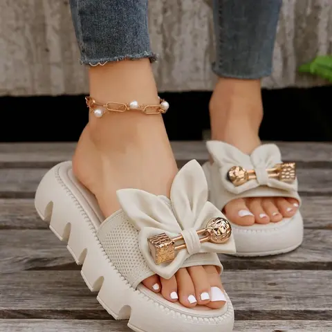 Women's Cute Bowknot Design Slides, Casual Comfortable Home Slippers, Fun Slippers, Non-Slip Soft Slippers for Indoor & Outdoor Wear Footwear Summer Slippers Slippers Shoe