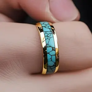 Stylish Men's and Women's Titanium Wedding Rings with Gold Plated and Simulated Turquoise Inlays, Made from 316L Stainless Steel Single Band, Perfect for Christmas, Valentine's Day, Father's Day, and Mother's Day.