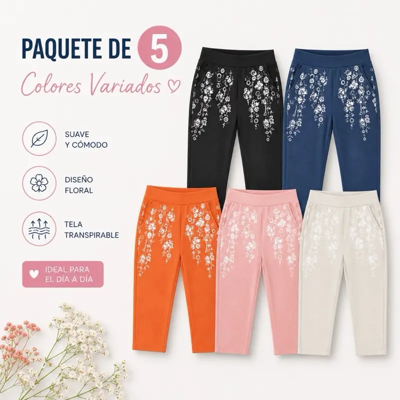 Women’s Floral Capri Pants – Pack of 5 Assorted Colors | Soft, Comfortable & Breathable Capri Floral para Mujer – Paquete de 5 Colores Variados las  Suaves, Cómodos ,las tallas corren pequeñas la M/L sería una M y la XL/XXL sería una L