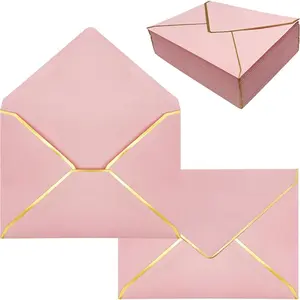 5x7 Envelopes for Invitations with Gold Border, 50 Pack A7 Envelopes with V-Flap, Self Seal Greeting Card Envelope Invitation Envelopes for Wedding, Graduation, Baby Shower, Party (Pink)