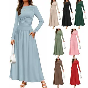 Women's 2025 Fashion Trendy Fall Long Sleeve Dresses Ruched Flowy Elegant Modest Boho Casual Beach Maxi Dress