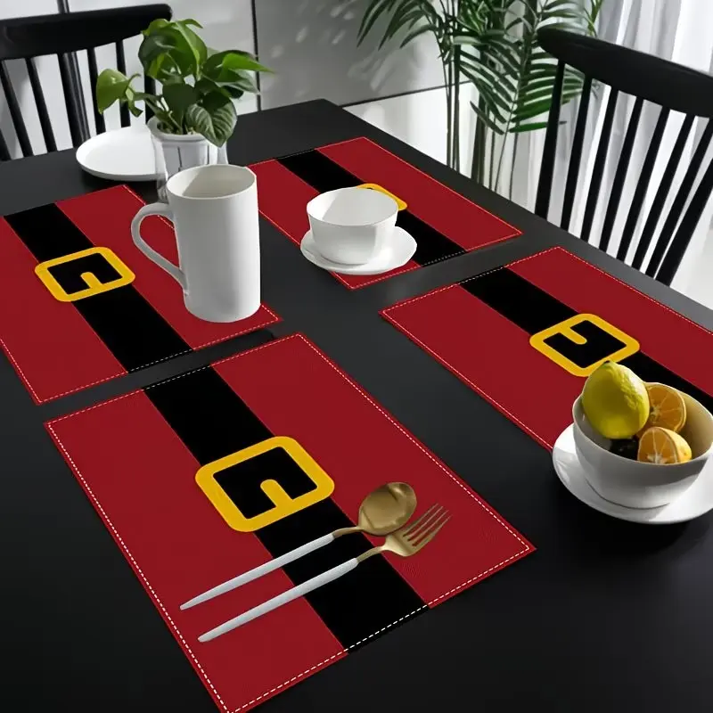 2D flat printing, set of 2/4/6/8 Christmas placemats, 12x18 inch linen rectangular table mat, Santa Claus belt design, hand washable, used for holiday party restaurant decoration.