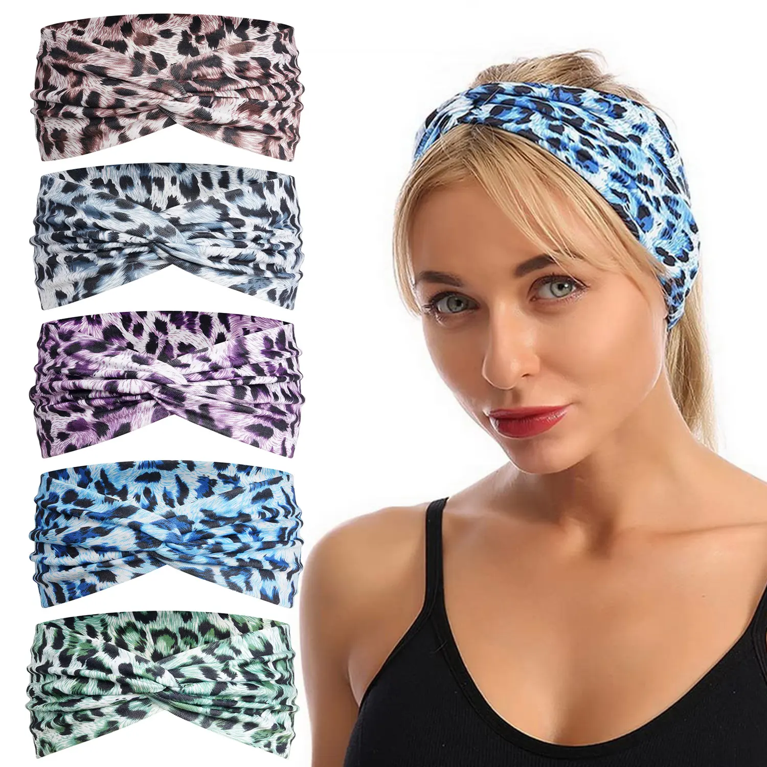 Boho Twist Wide Headbands for Women, Stretch Non Slip Sweat Hair Wrap, Floral Paisley Printed Sports Yoga Running Head Band