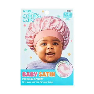 KISS Colors & Care Baby Satin Premium Bonnet, 0-12 Months - Pink Leopard