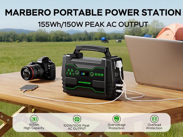 MARBERO 155Wh Portable Power Station with 2 x 100W AC Outlets(150W Surge) 7 Output Ports Built-in Flashlight for Camping Power Outage Outdoor Emergency