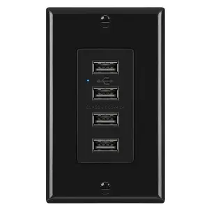 USB Receptacle Outlet, 4.2A/21W  4 Port USB Wall  Outlet 125VAC Input, Quad Type-A Ports with LED , Decorator Wallplate Included, UL Listed, Black