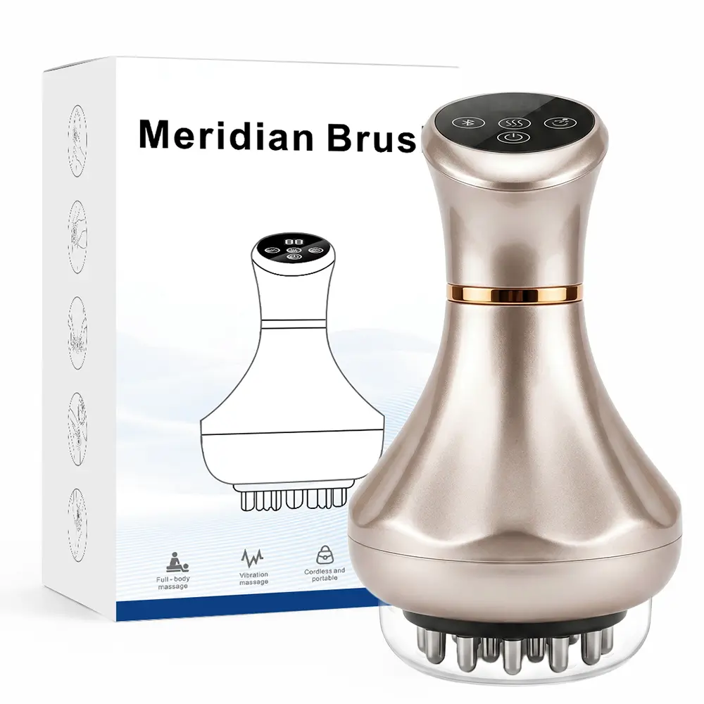Portable Meridian Massage Brush, Handheld Body Care Tool with Red Light, Heat, Vibration, Digital Display and 9 Adjustable Levels