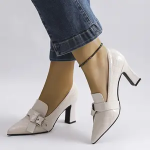 Bowknot High Heels Women's Solid Color Artificial Stone Pattern Square Heel Single Shoes with Waterproof PU Material Pointed Toe Design & Chunky 5-8 cm Heel