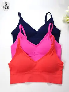 🔥 3 Pack Women's Ribbed V-Neck Beautiful Back Bralette, Adjustable Straps Wireless Push Up, Breathable Skin-Friendly, Versatile for Daily Home & Light Sports