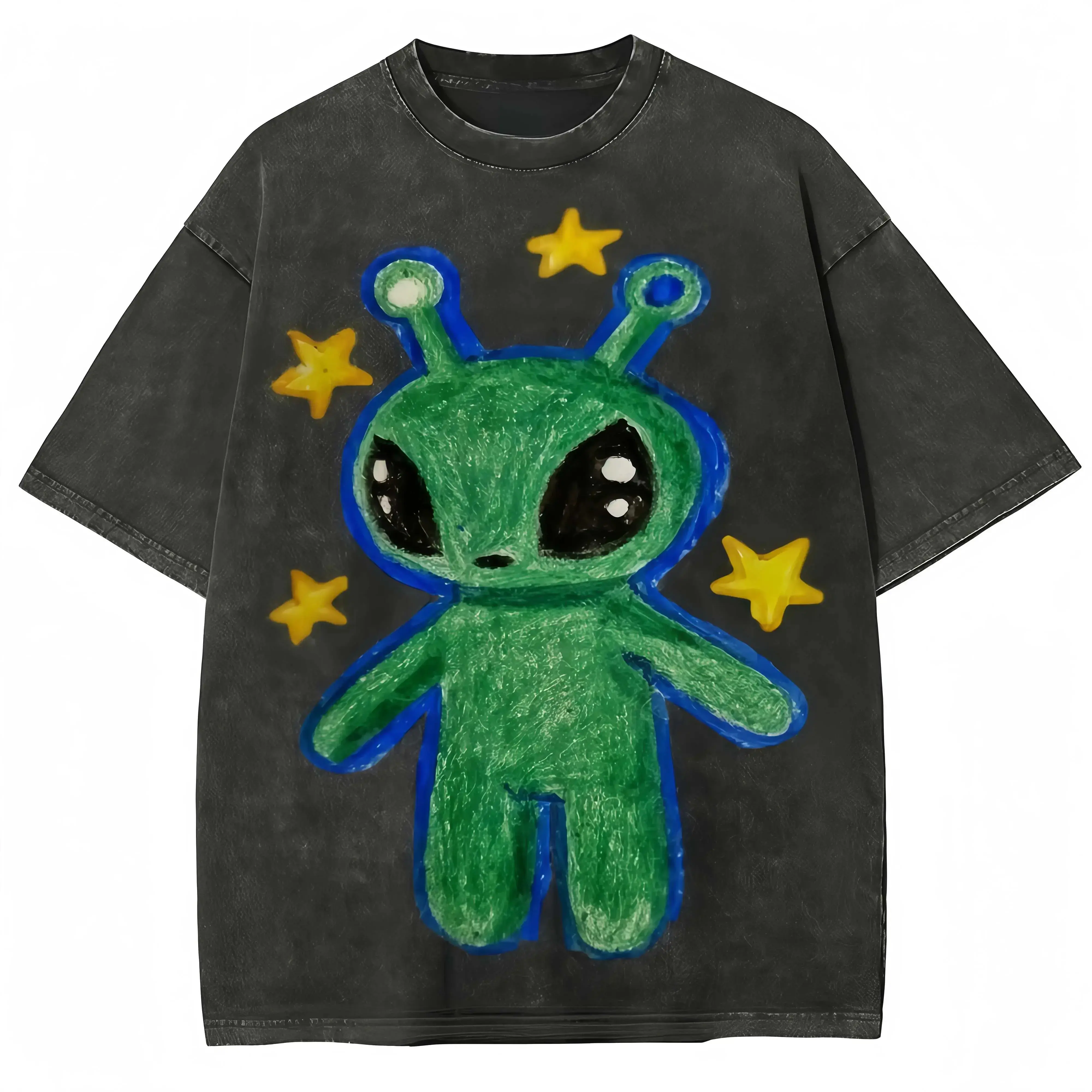 LeoMiles Cute Alien Unisex Vintage Washed Tee, Unisex Vintage Washed Tee, Vintage Coloful Tee - Oversized Shirt - Natural & Animal Planet Unisex Streetwear