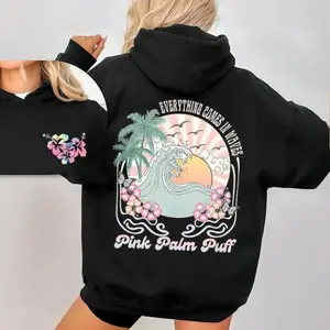 Palm Puff Hoodie – Retro Beach Graphic Unisex Casual Streetwear, Everything Comes In Waves Summer Outfits Top, Apparel Made In The USA