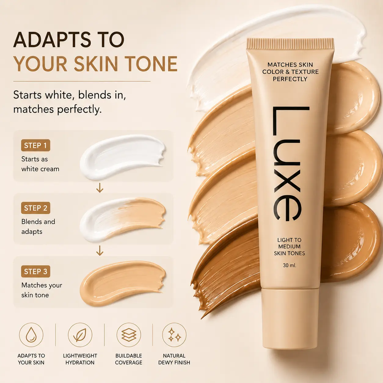 Luxe Color Changing Foundation for Women, Smart Skin Tone Adaptive Liquid Makeup That Blends to Your Natural Shade, Lightweight Hydrating Formula with Buildable Light to Medium Coverage, Seamless Natural Dewy Finish