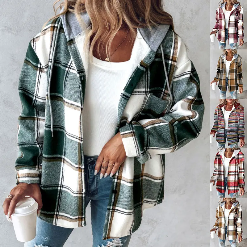 Women's Plaid Hooded Long-Sleeve Jacket - Elegant, Comfortable Fabric, Button Pocket Coat for Autumn & Winter Casual Wear, Polyester, Tops