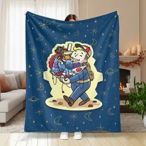 Vault Explorer Cartoon Flannel Blanket Retro Space Galaxy Print Soft Warm Cozy Throw Blanket for Bedroom Living Room Office Sofa Gift Decor Lounge Use