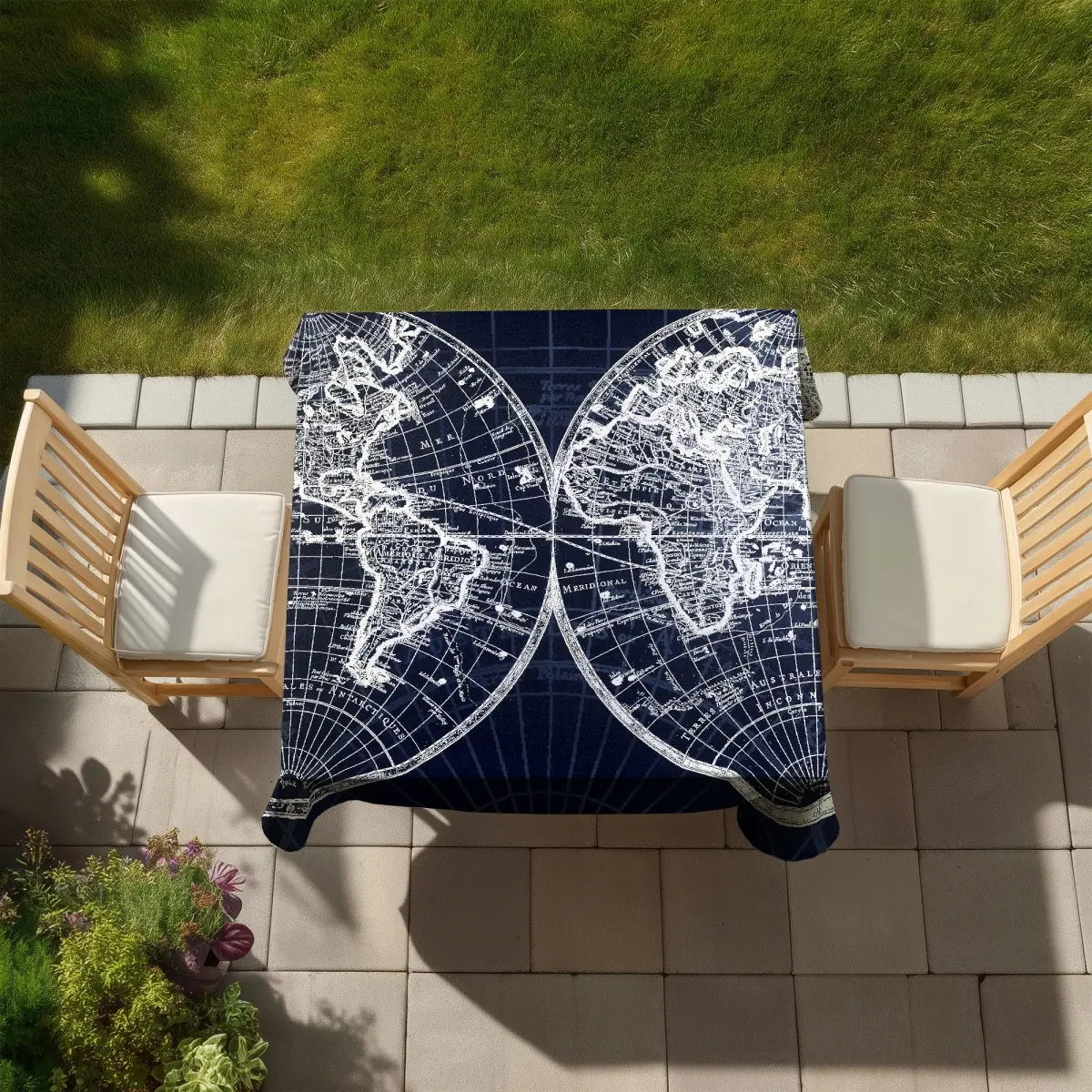360 stand World Map Blueprint Tablecloth - 58x58 in., Satellite View Home Decor, Outdoor Picnic Table & Outdoor Furniture Accessory, Indoor-Outdoor Tablecloths