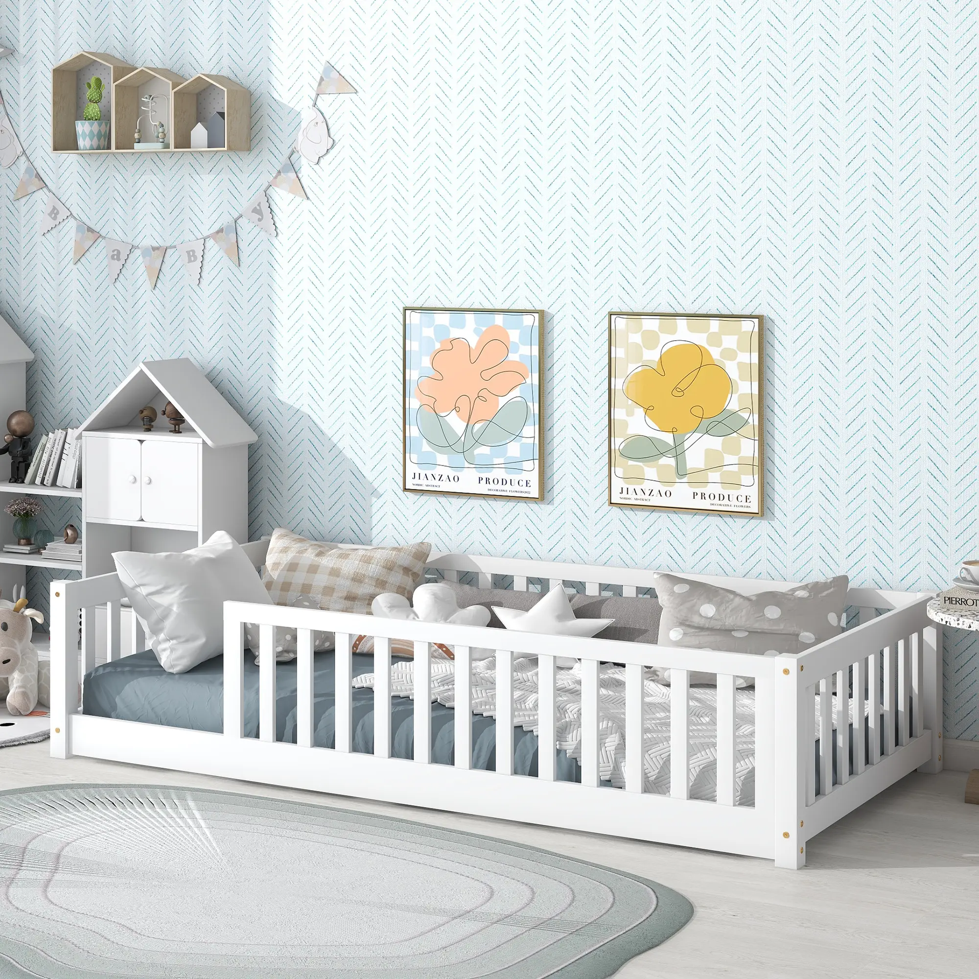 Bellemave Twin Size Montessori Rubber Wood Floor Bed Frame - High Fence Security Barrier, Natural Finish, Support Slats, Integral Construction, Cubby Space, Toddler Bed, Kids Furniture Bedroom, Indoor Use