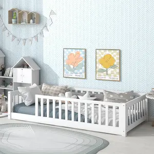 Bellemave Twin Size Montessori Wooden Floor Bed with High Security Barrier Natural Wood Frame Support Slats Integral Construction for Children Cubbybed Unique Bedroom Furniture