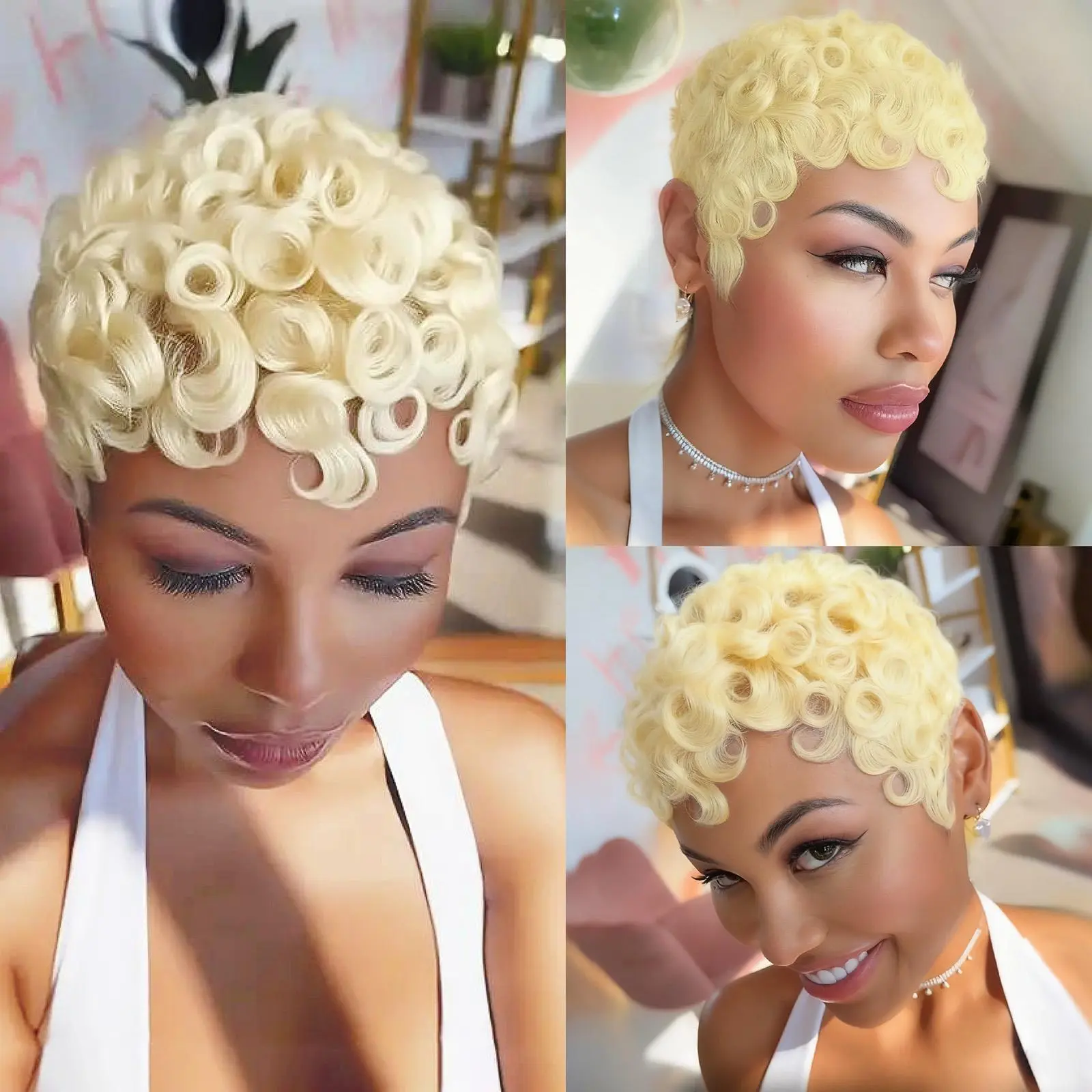Women's Short Pixie Cut Wig, Human Hair Full Machine Made Wigs, Textured Human Hair Wigs, Kinky Curly Wig, Afro Curly Wig, Pixie Cut Wig,
