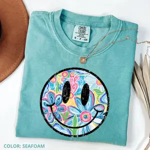 Comfort Colors Comfort Colors Smiley Floral Summer Vibes T-Shirt, Trendy Watercolor Daisy Summer Tee, Graphic Cotton Tee, Women's Short Sleeve Tee Aesthetic