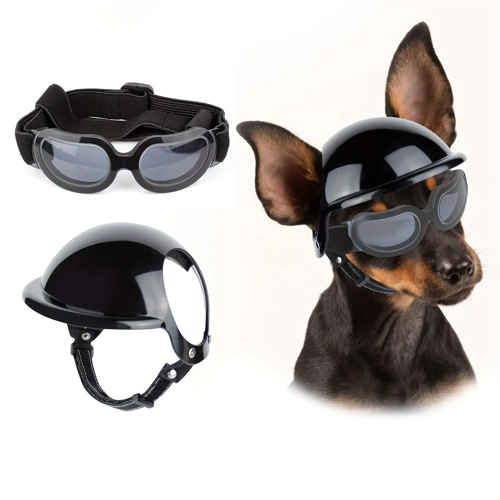 Adjustable Anti-UV Windproof 1set Pet Dog Helmet and Set - Comfortable All-Season ABS Helmets for Small Breeds with Ear Holes, Non-Woven Fabric, Ideal for Outdoor Adventures