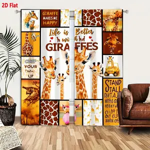 2D Flat  Giraffe Curtain 2-Piece Set, Cheerful Safari Theme with Collage-Style Giraffe Illustrations, Long Neck Giraffes & Motivational Phrases, Earthy Tones Brown Orange Yellow, Room Decor Curtain, Window Curtains for Bedroom Living Room