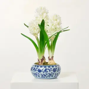 White Hyacinth Bulbs Artificial Indoor Houseplant in Blue & White Chinoiserie Pot