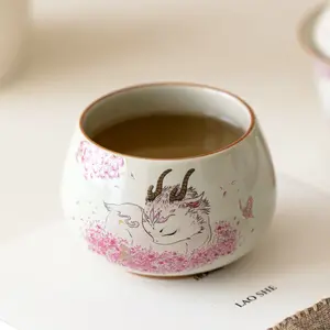 A424. Cute Pink Ceramic Tea Cup with Plant Ash Glaze and Lucky Deer Design — Personalized Tea Cup