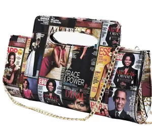 Michelle Obama Magazine Cover Printed Crossbody Bag Clutch Purse Top Handle Bag