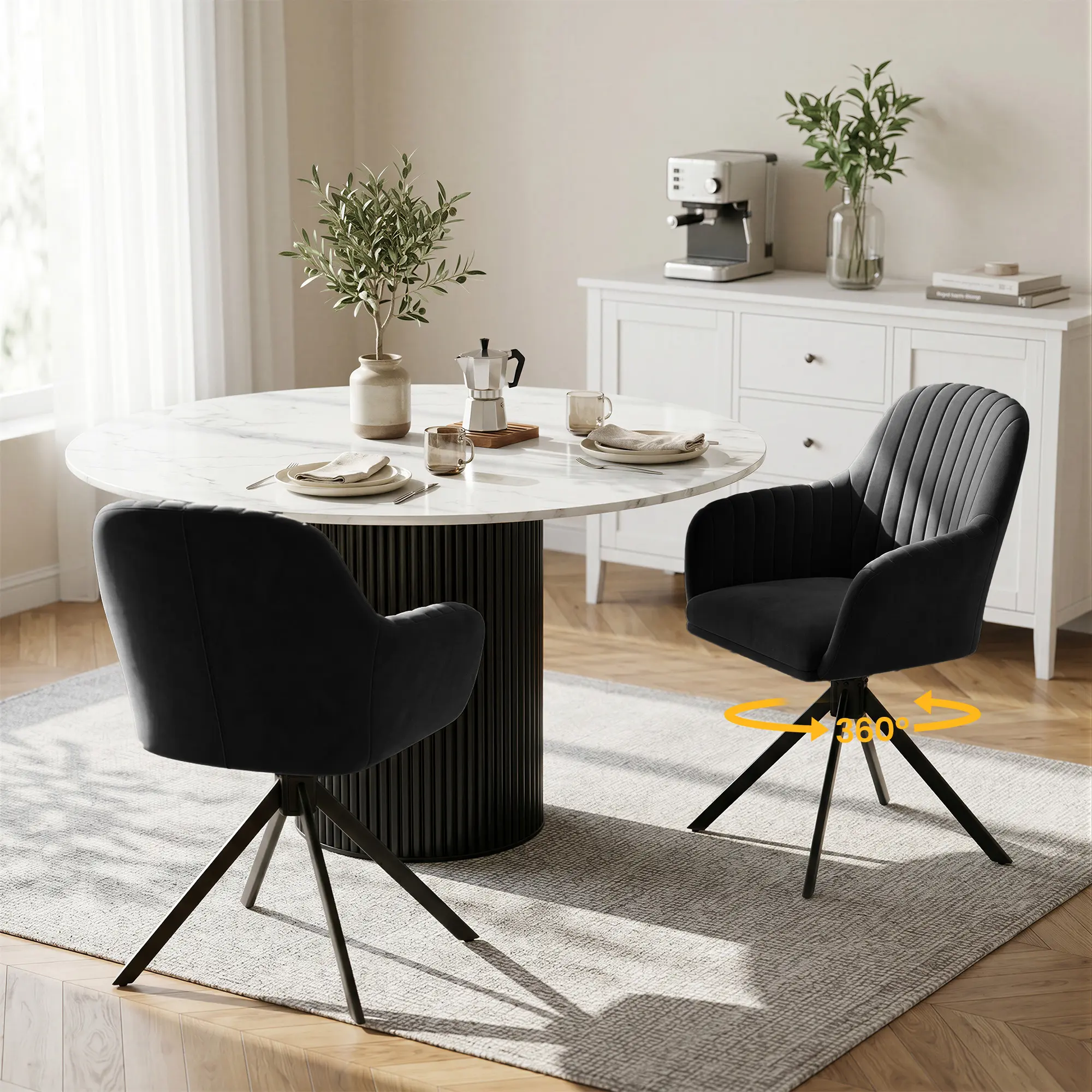 Set of 2 360° Swivel Dining Chairs with Armrests – Corduroy Swivel Chairs with Metal Frame and Backrest for Dining Room, Living Room, or Office