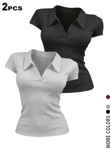 2 PCS Polo Collar V Neck Crop Tops for Women, Womenswear, Y2K Aesthetic Short Sleeve Ruched Slim Fit Tops, Comfort Soft Stretchy Casual T-Shirts, Coquette Outfit, for Daily Wear, School, Shopping, Date Night, Sweet Feminine Style for Teen Girls