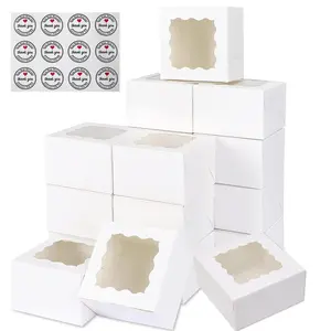 Cookie Boxes with Window,  Treat Boxes for Bakery Dessert Pastry Mini Cake Favor Donut Baked Goods (White, with Stickers)
