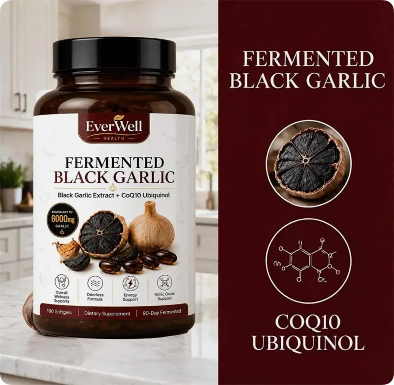 Everwell Fermented Black Garlic 180 Softgels, Odorless Vegan Non-GMO Supplement