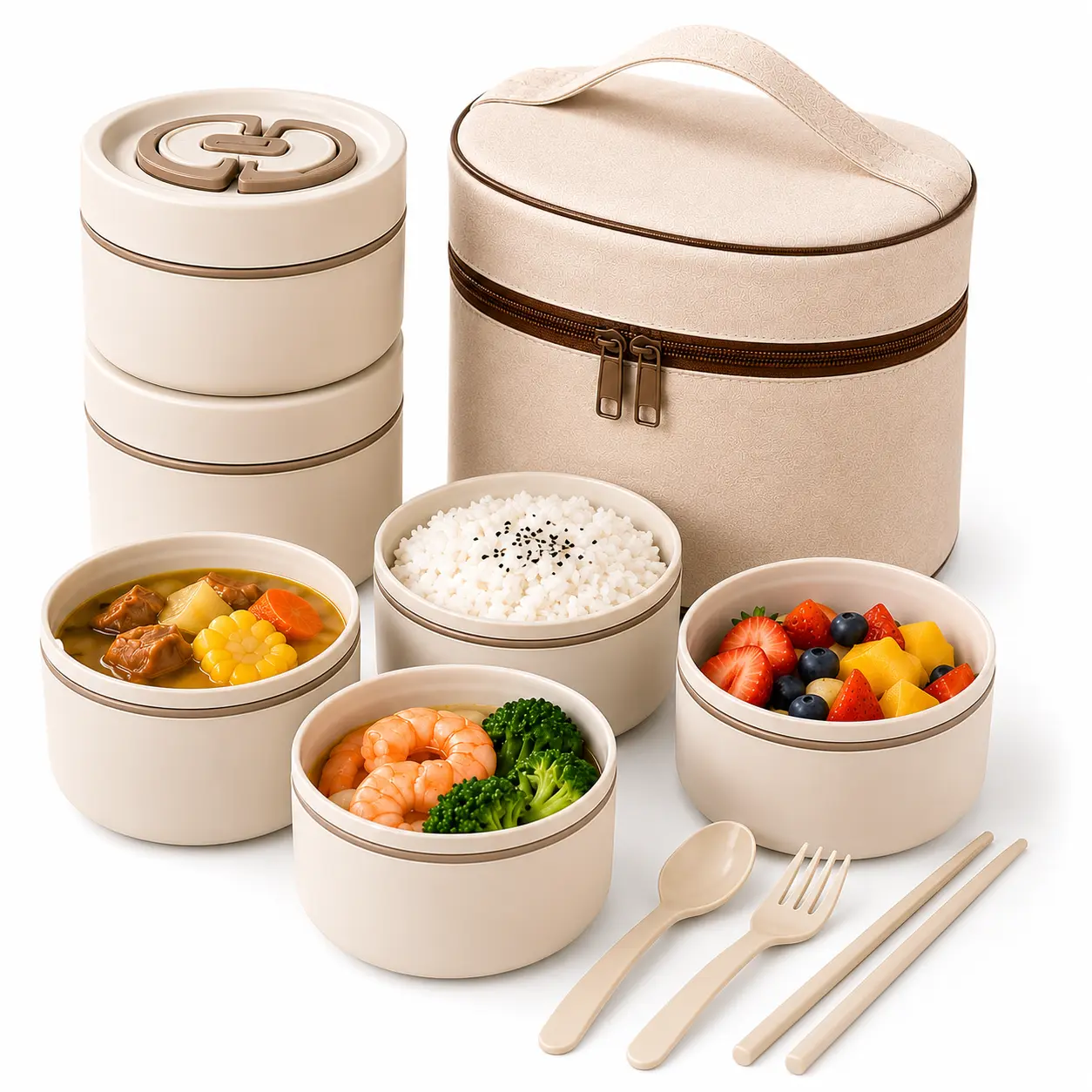 MIUVA water bottles for school 4 Tier Stainless Steel Bento Box Adult Stackable Meal Prep Food Container with Insulated Lunch Bag for Work Office Travel Picnic