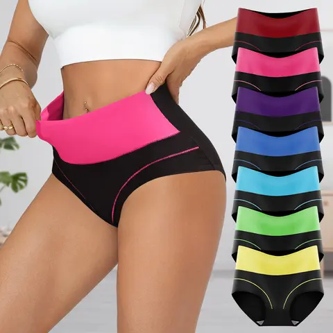 Hotcom Women's High-Waist Retro Polyester Underwear for Women - 7 Pcs Soft Stretchy Full Coverage Pull-On Briefs, Double-Layer Tummy Support, Flared Cheeky Design, Easy for Pads, Casual, Postpartum & Activewear Use
