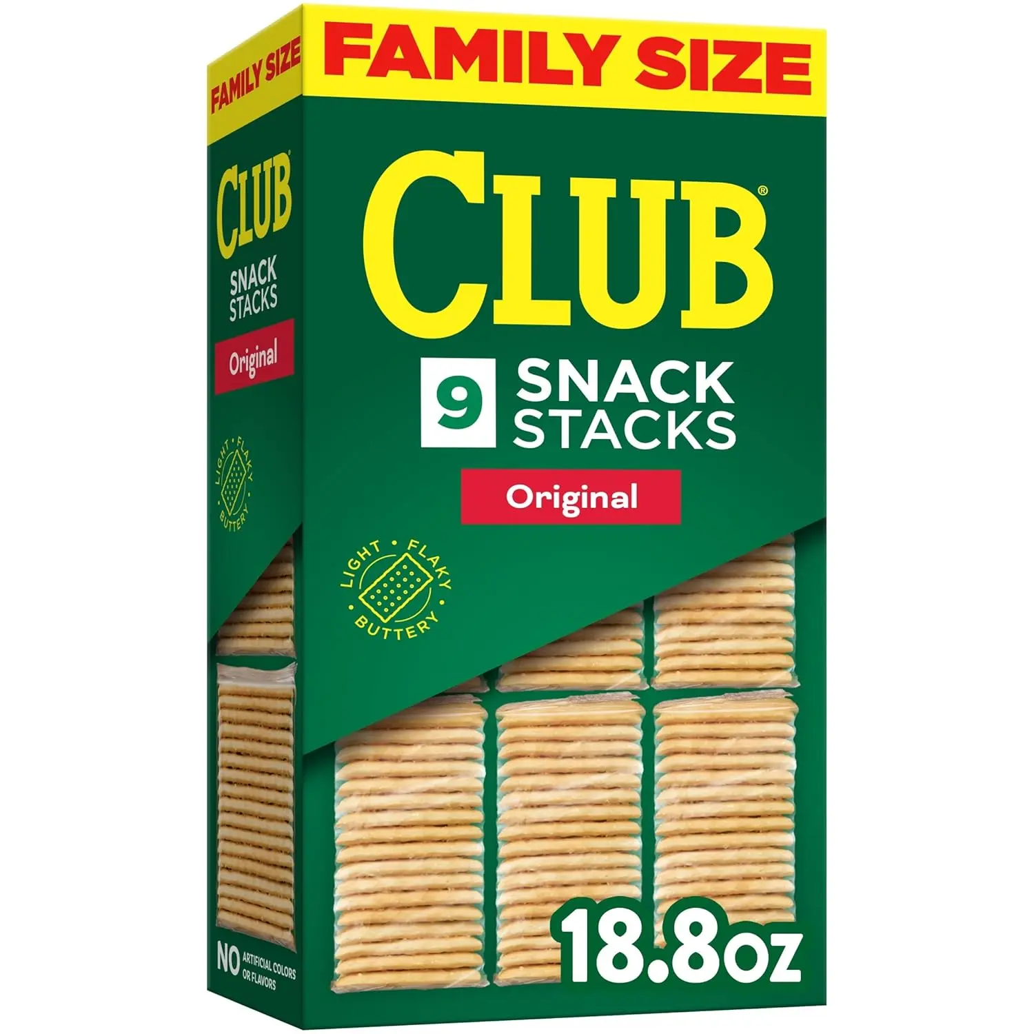 Club Snack Stacks Crackers - Enriched Flour, Buttery Richness, Flaky, Dye Free, Corn Syrup Free, Folic Acid Fortified, Ambient Temp Friendly, 18.8oz Family-Size Original Lunch Snack Box with 9 Wrapped Packs