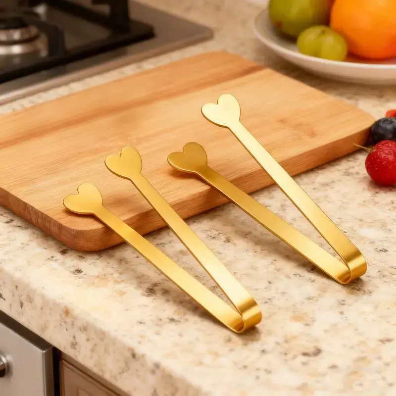 5pcs Golden Mini Tongs, Heart-shaped Sugar Cube Tong, Stainless Steel Small Serving Tong, Durable Ice Cube Tong, Tea Party Serving Tong, Nice Gift, Tea Making Tools, Tea Accessories, Utensils, Perfect for Coffee Bar/Wedding/Valentine's Day