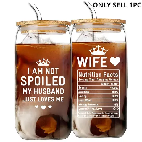16oz Glass Cup with Straw & Brush, 1 Count Letter Pattern Glass Cup, Creative Gift for Wife, Birthday Gift, Romantic Gift for Wife, Clear, Decorative Glass, Funny Glass Cup, Glass Beverage Cups, Drinkware Glass, Drinking Glasses