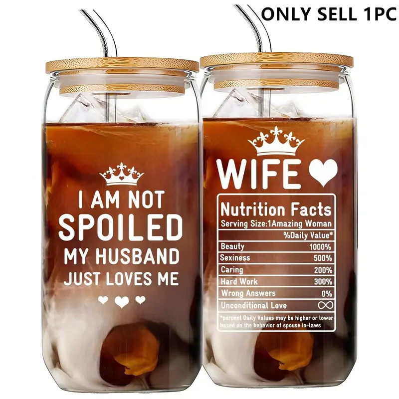 16oz Glass Cup with Straw & Brush, 1 Count Letter Pattern Glass Cup, Creative Gift for Wife, Birthday Gift, Romantic Gift for Wife, Clear, Decorative Glass, Funny Glass Cup, Glass Beverage Cups, Drinkware Glass, Drinking Glasses