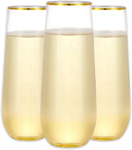12 count Plastic Champagne Flutes, 9 oz Stemless Disposable  Rim Toasting Glasses,  Clear  Cups Drinkware Shatterproof Ideal for Party Wedding Birthday