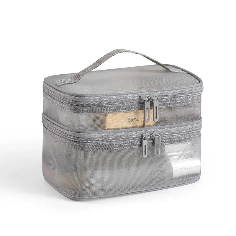 Gray Double-Layer Travel Makeup Bag - Large Capacity Home Organizer Storage Bag with Mesh Pockets, Clear Compartments, Double Zippers, Carry Handle for Toiletries, Skincare, Weekend Trips