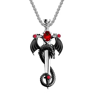 Gothic Sword Dragon Necklace Vintage Dragon Wrapped Sword Cross Pendant Necklace Punk Zircon Dragon Pendant Necklace Halloween Dark Gothic Jewelry for Men Women